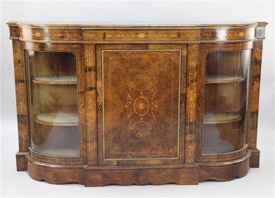 A Victorian marquetry inlaid figured burr walnut credenza, W.5ft 10in. D.1ft 4in. H.3ft 6in.